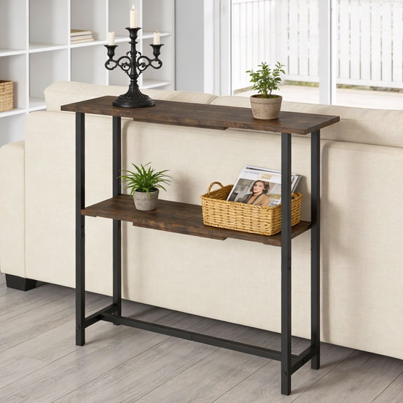 Manxile Industrial Narrow Console Table, 2 Tier Storage Shelves Wooden Sofa Side Table, Rustic Brown