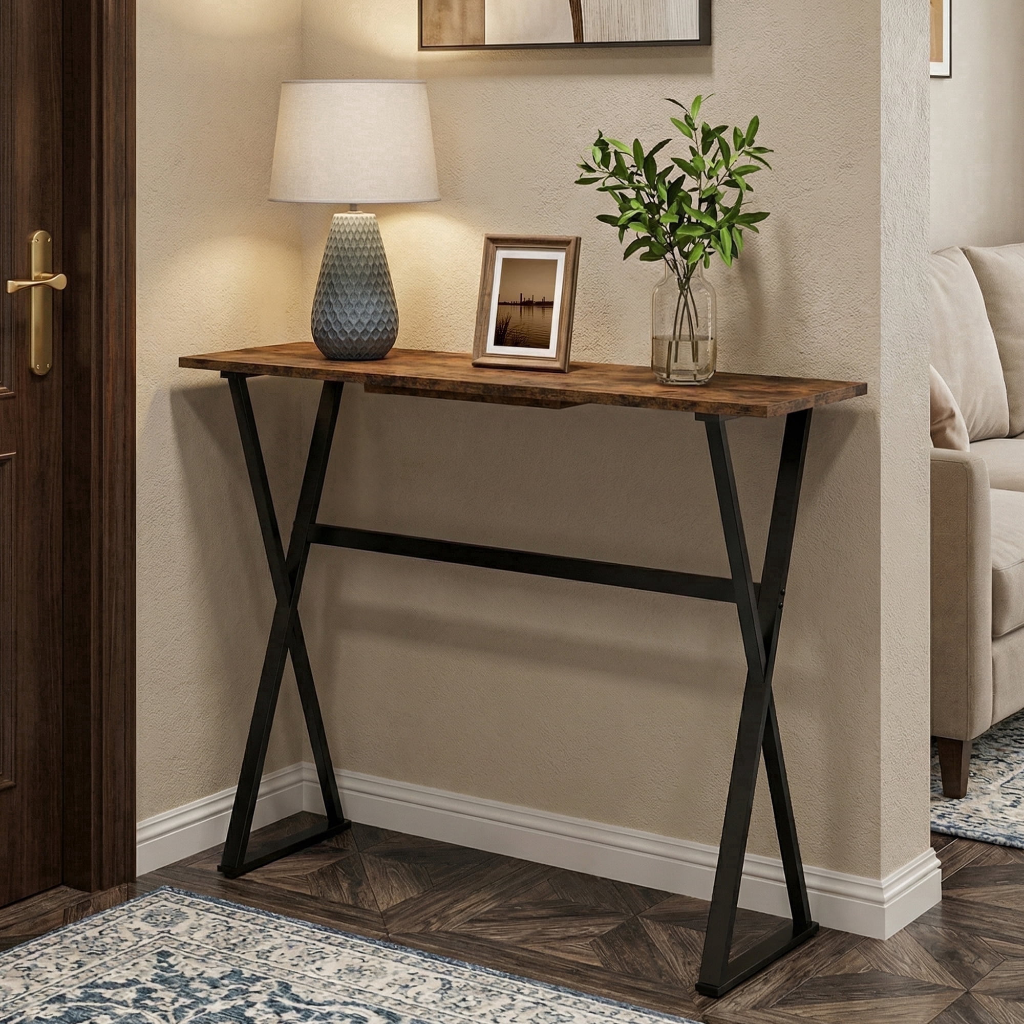 Manxile Narrow Console Table for Entryway, Farmhouse Sofa Side Table for Living Room, Foyer, Rustic Brown