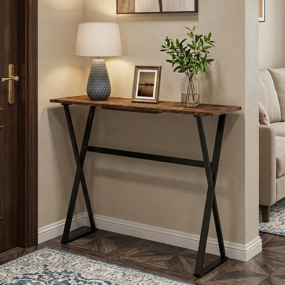 Manxile Narrow Console Table, Entryway Table Hallway Table with Storage Shelves for Living Room, Foyer, Rustic Brown