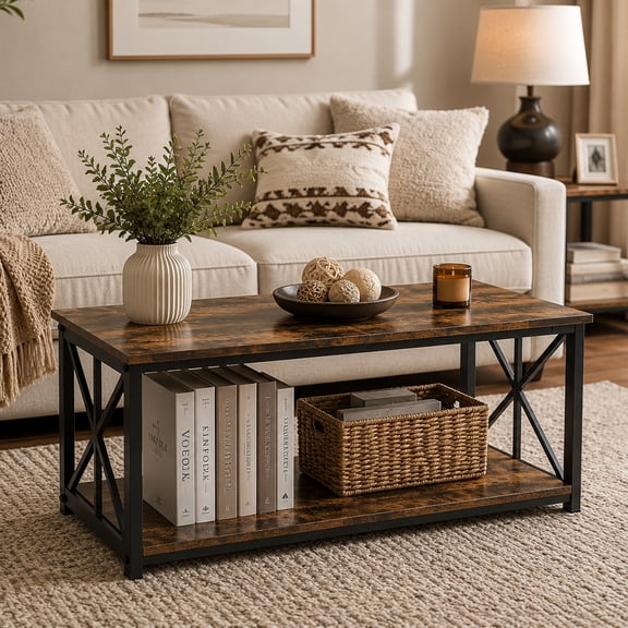 Manxile Industrial Rectangle Wood Coffee Table Oxford Coffee Table with Open Storage Shelf, Rustic Brown