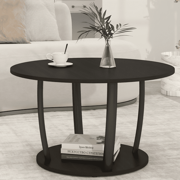 Manxile Coffee Table with 2 - Tier Storage, Round Wood Coffee Table with Metal Legs,  Modern Rustic Style Center Table for Living Room, Black Brown