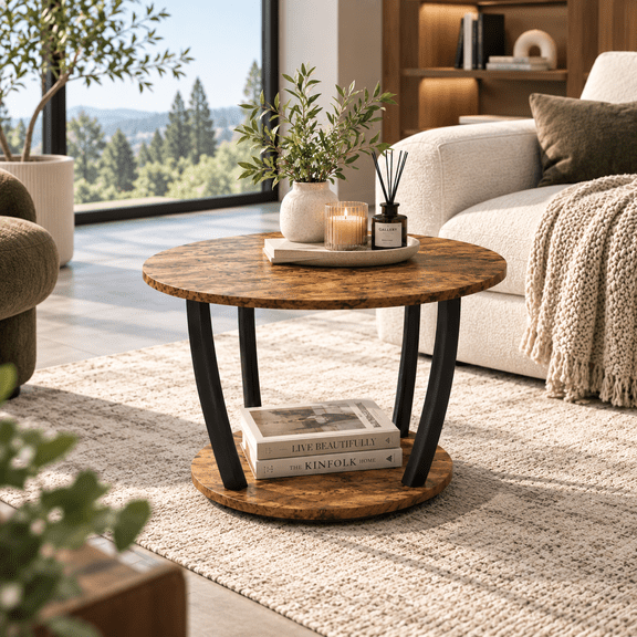 Manxile Round Coffee Table, Modern 2-Tier Center Table with Storage Open Shelves, Wooden Circle Coffee Table Sofa Side Table with Metal Legs,Red Oak