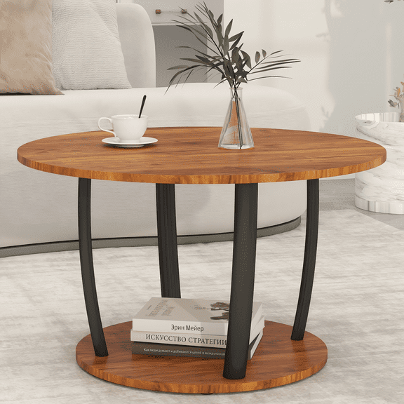 Manxile Round Coffee Table, Modern 2-Tier Center Table with Storage Open Shelves, Wooden Circle Coffee Table Sofa Side Table with Metal Legs,Red Oak