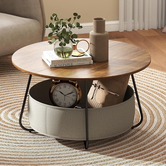 Manxile Round Coffee Table with Storage Basket, Small Center Table for Living Room with Fabric Basket, Brown