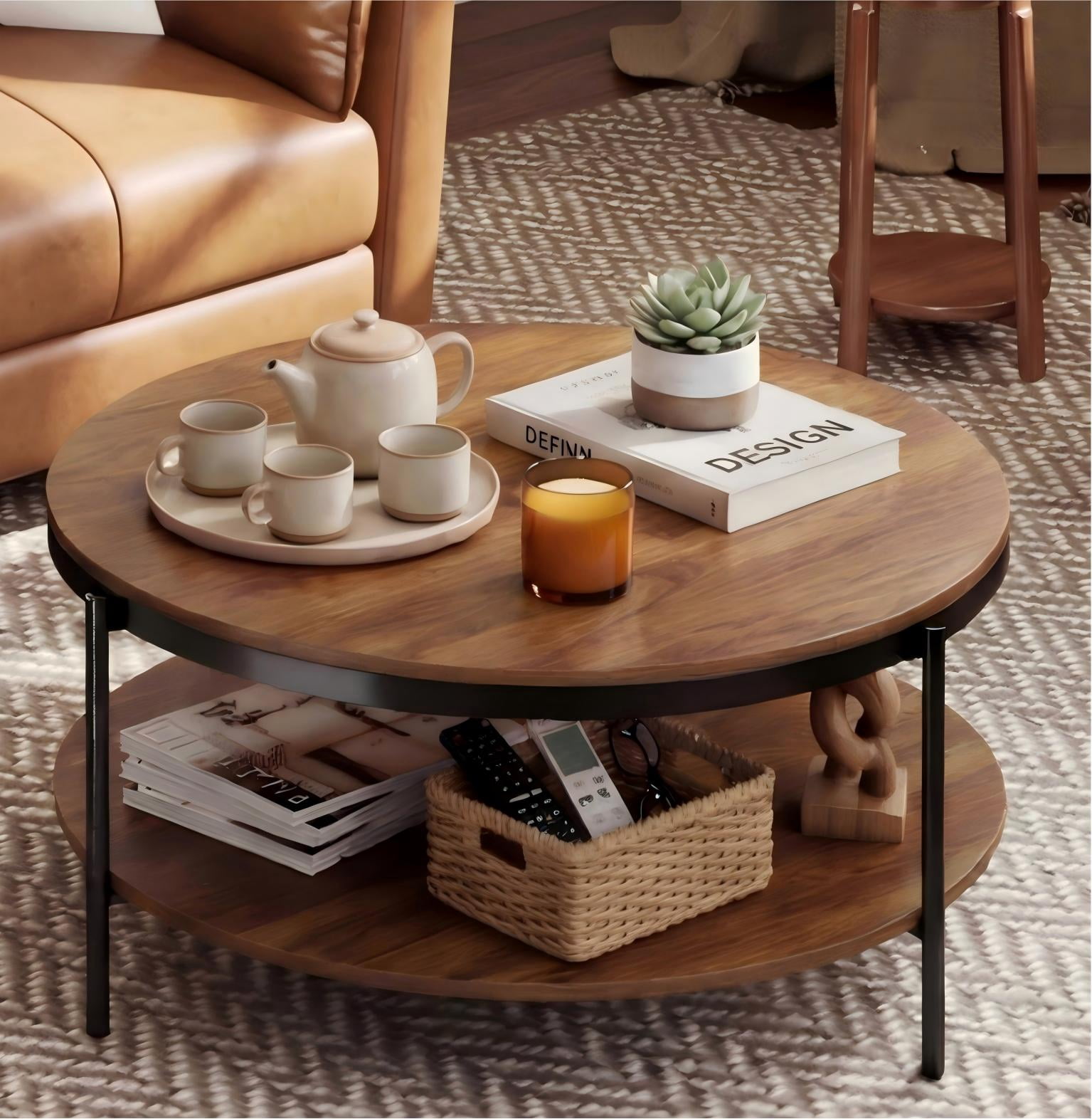 Manxile Round Coffee Table with Storage for Living Room,Mid Century Center Table-2 Tier Design,Red Oak