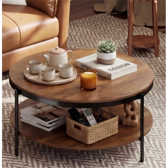 Manxile Round Coffee Table with Storage for Living Room,Mid Century Center Table-2 Tier Design,Red Oak
