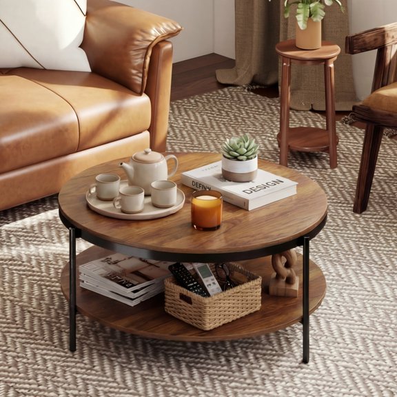 Manxile Round Coffee Table with Storage,Mid Century Modern Wooden Center Table for Living Room,Red Oak