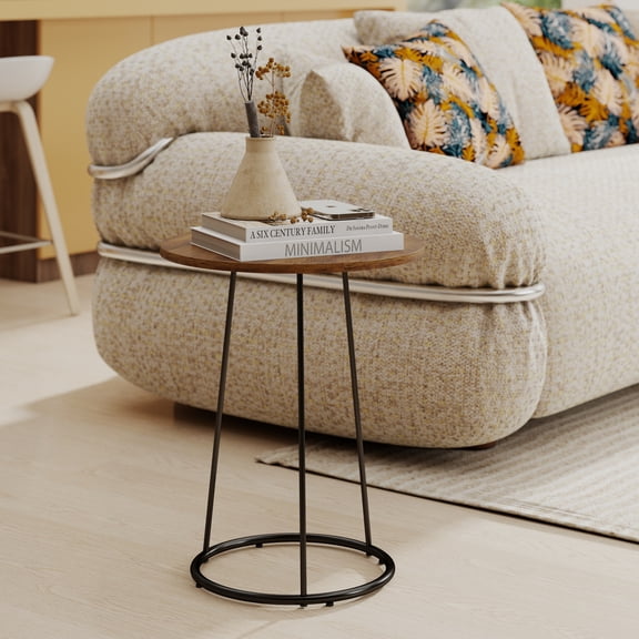 Manxile Side Table for Couch, Round End Table with Metal Frame for Living Room Bedroom, Brown