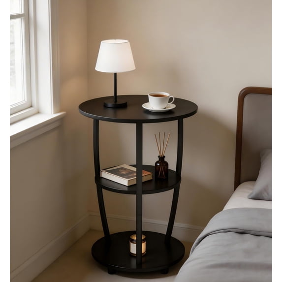 Manxile Small Round Side Table, 3-Tier Waist Circular End Table with Storage Shelf, Compact Tea Sofa Side Table Small Spaces, Round Corner Coffee Table for Living Room Bedroom,Black Brown