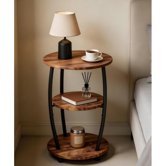 Manxile Small Round Side Table, 3-Tier Waist Circular End Table with Storage Shelf, Compact Tea Sofa Side Table Small Spaces, Round Corner Coffee Table for Living Room Bedroom,Red Oak
