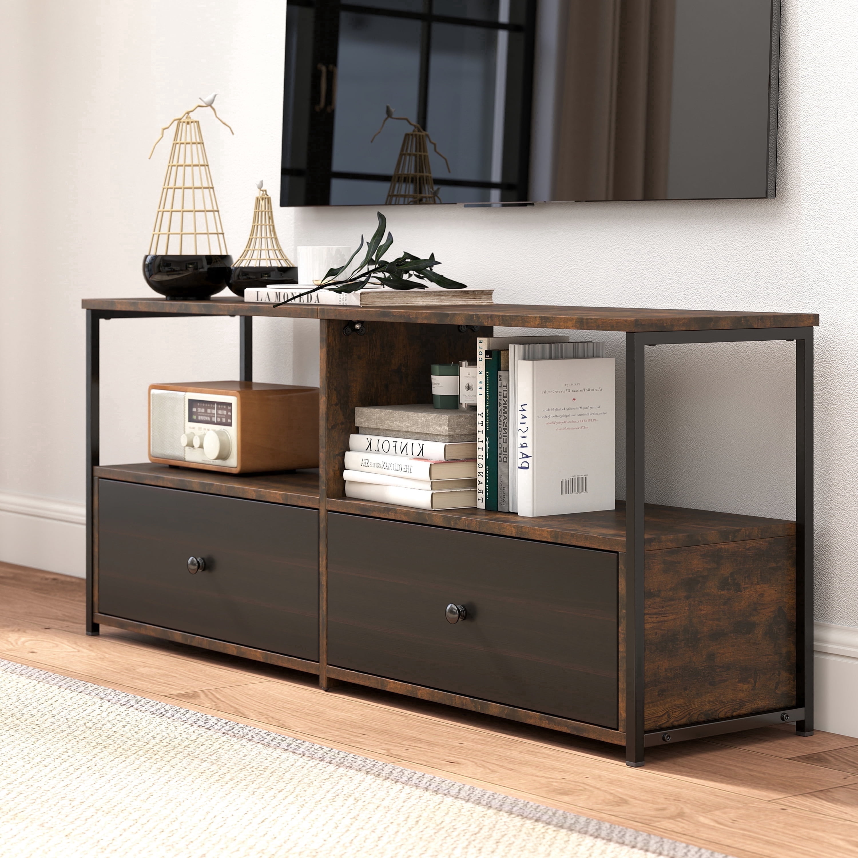 Manxile TV Stand for TVs up to 65 inch, Mid Century Modern TV Stand with 2 Drawers, Entertainment Center for Living Room, Rustic Black&Rustic Brown