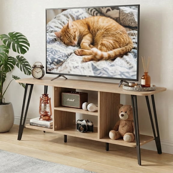 Manxile Mid Century Modern TV Stand for TVs up to 55", Entertainment Center with 2 Open Storage Shelves, Natural