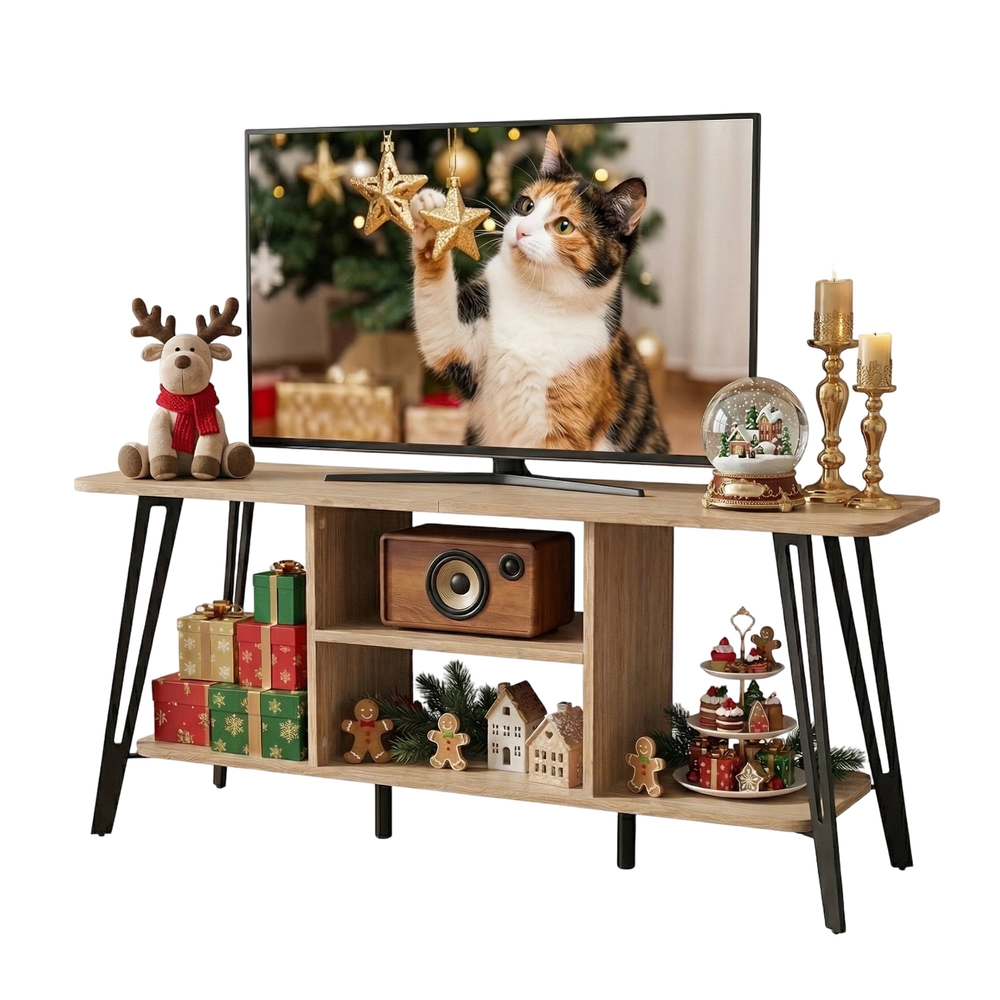 Manxile Mid Century Modern TV Stand for TVs up to 55", Entertainment Center with 2 Open Storage Shelves, Natural