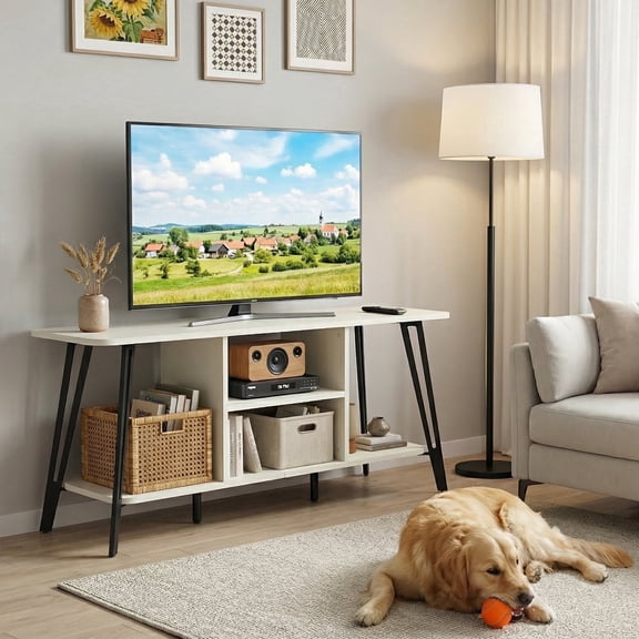 Manxile Modern White TV Stand for TVs up to 55", Wooden Entertainment Center with 2 Open Storage Shelves