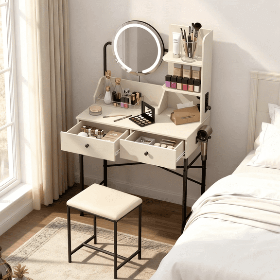 Manxile Vanity Set with Mirror and Lights, Makeup Vanity with Charging Station, Comfortable Bench for Bedroom,White & Black