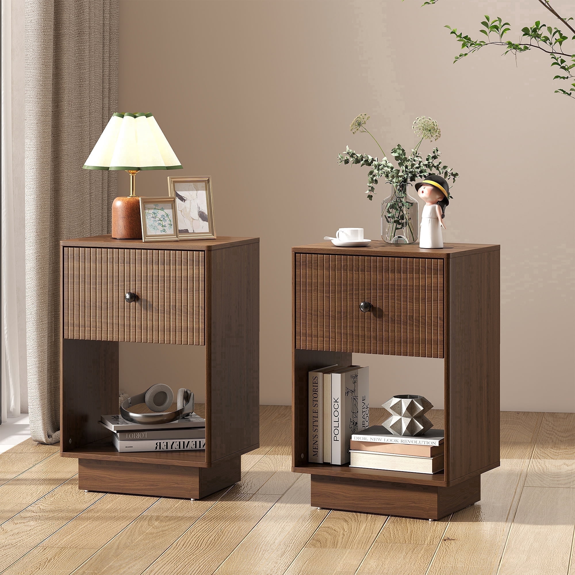 Fluted Nightstand Set of 2, Mid Century Bedside Tables with Drawer & Storage, Small End Tables for Bedroom, Walnut