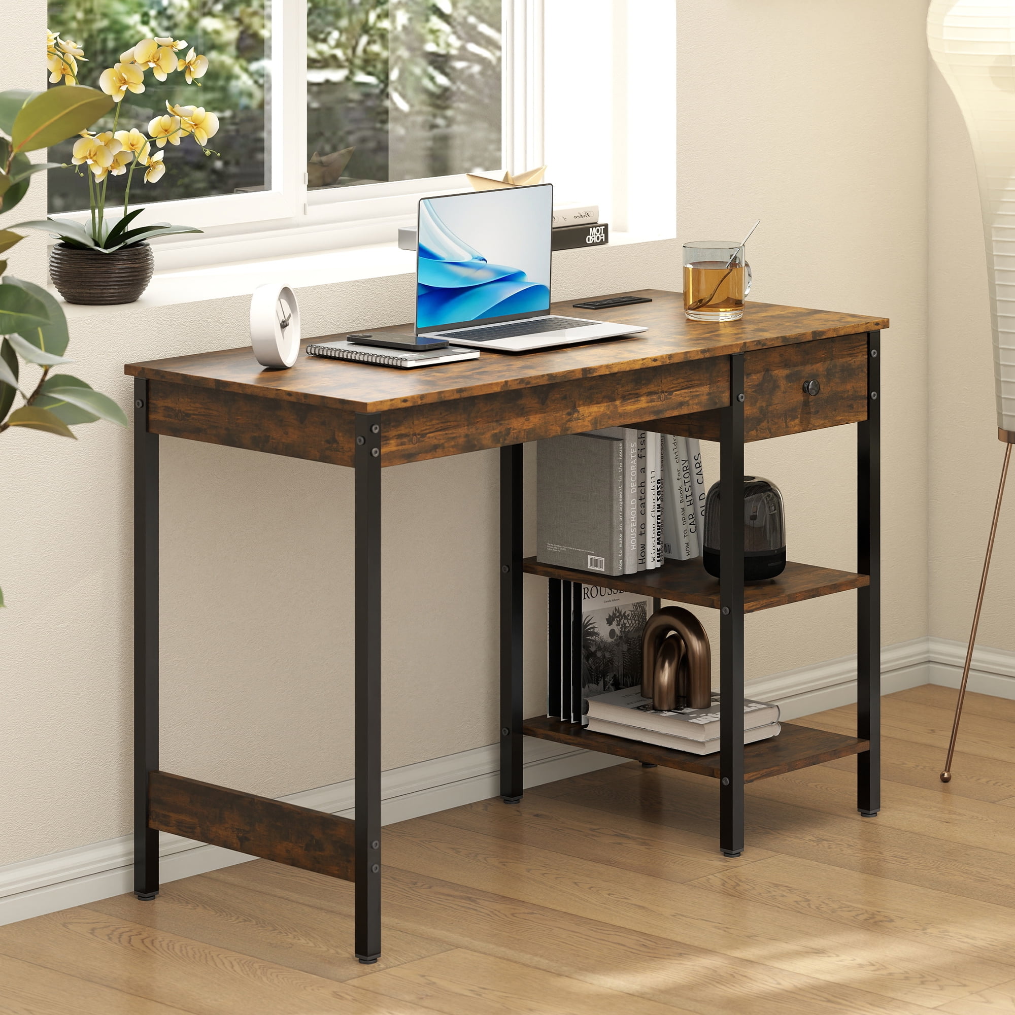 Manxile Computer Desk with Drawer & Open Shelves, Home Office Writing Desk Work Study Table for Small Space, Rustic Brown