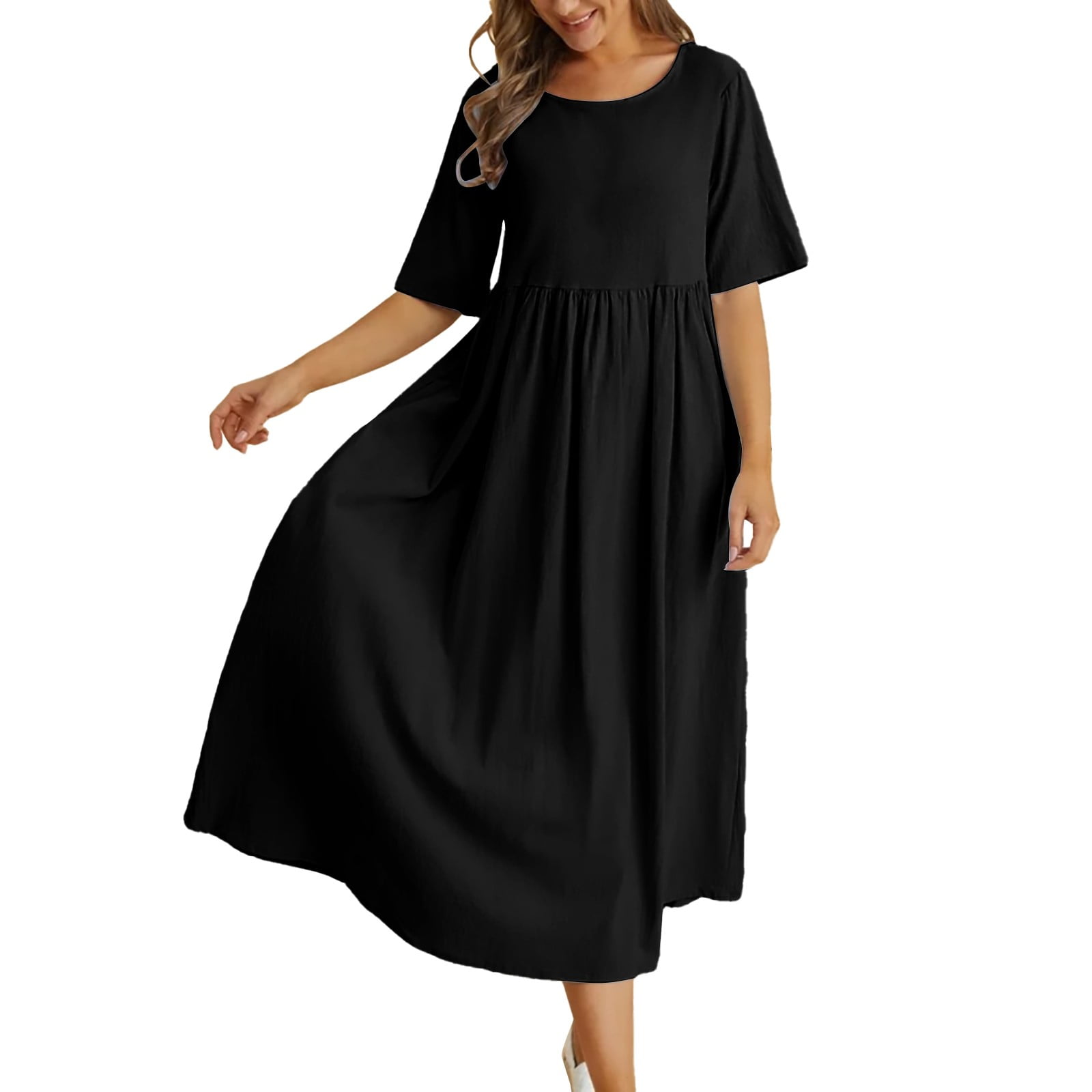 Manxivoo Black Dress Loose Cotton and Linen Round Neck Five Point Sleeve Midi Dress Large Size Maxi Dress Dresses for Women Party Black M