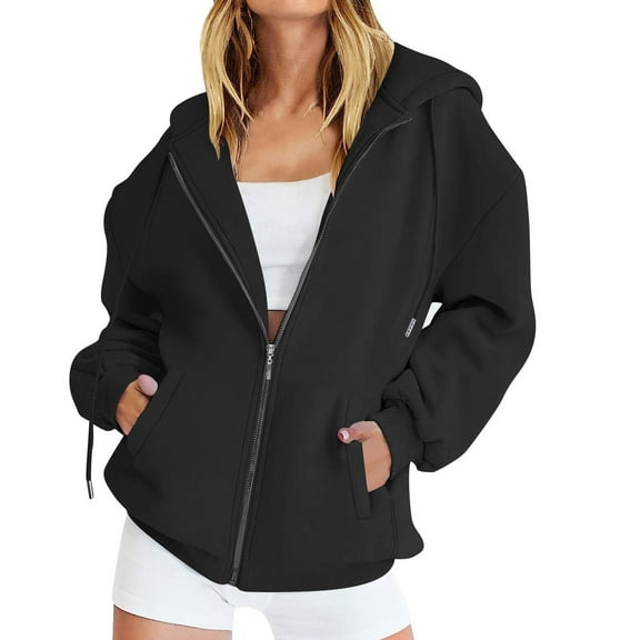 Manxivoo Black Hoodie Womens Oversized Zip Up Hoodie Baggy Loose Zipper Hooded Sweatshirt Coat with Double Pockets Jacket Womens Hoodies Black