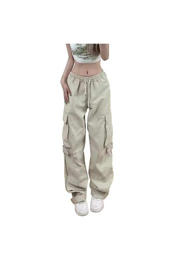 Cargo Pants for Women High Waisted Women Cargo Pants Big Pockets Y 2K High Elastic Waist Drawstring Baggy Trousers Vintage Casual Loose Side Zipper Straight Pants Dickies Pants Beige