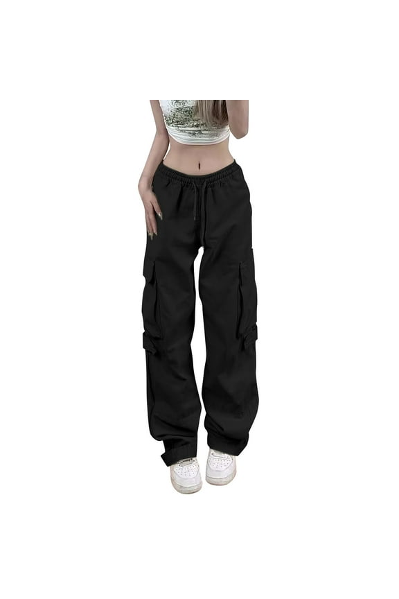 Cargo Pants for Women High Waisted Women Cargo Pants Big Pockets Y 2K High Elastic Waist Drawstring Baggy Trousers Vintage Casual Loose Side Zipper Straight Pants Dickies Pants Black