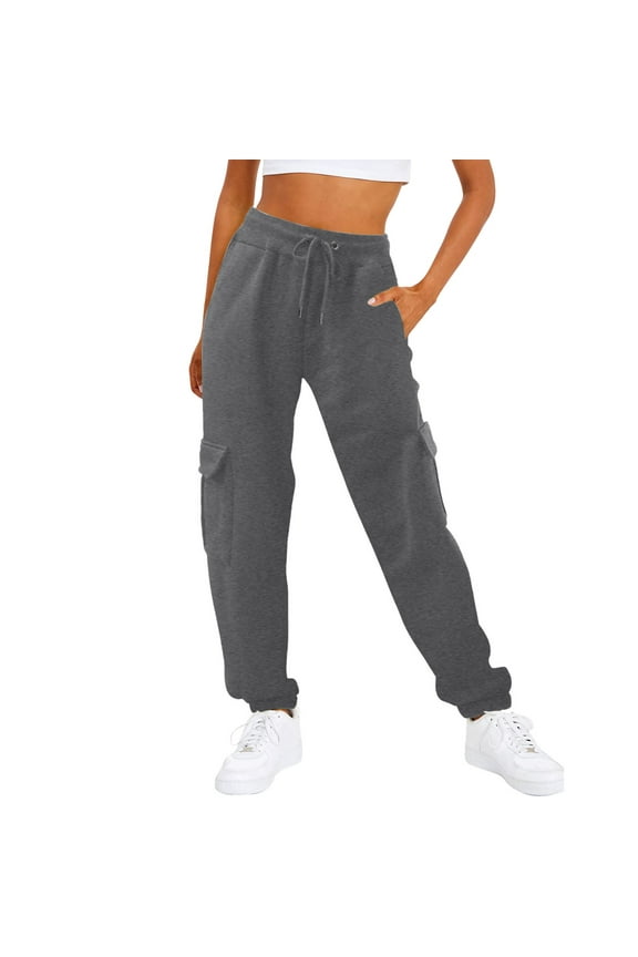 Cargo Pants for Women High Waisted Women's Casual Solid Pocket Pants High Waist Elastic Band Sweater Pants Drawstring Cargo Pants Dickies Pants Dark Gray