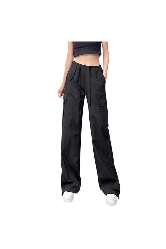 Cargo Pants for Women High Waisted Women's Cotton Drawstring Parachute Pants with 4 Pockets/Low Rise Elastic Waistband Cargo Pants Street Summer Dickies Pants Black