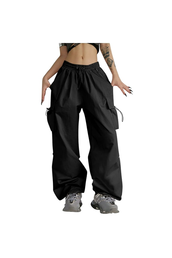 Cargo Pants for Women High Waisted Women's Parachute Pants with 4 Pockets High Rise Elastic Waistband Cargo Pants Streetwear Dickies Pants Black XXL
