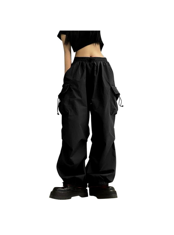 Manxivoo Cargo Pants for Women High Waisted Women's Solid Color Drawstring Parachute Pants with 4 Pockets/Low Rise Elastic Waistband Cargo Pants Streetwear Dickies Pants Black