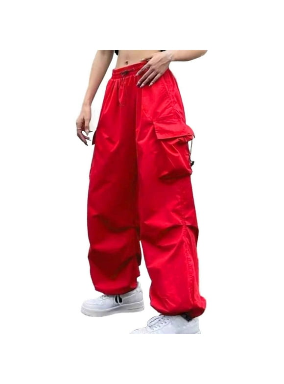 Manxivoo Cargo Pants for Women High Waisted Womens Baggy Cargo Pants Streetwear Joggers Sweatpants Drawstring Casual Loose Wide Leg Trousers Dickies Work Pants Red