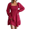 thumbnail image 1 of Manxivoo Casual Summer Dresse Ladies Casual Dress Flared Long Sleeve Pleated Dress Square Neck Ruffle Swing Dress Womens Dresses Wine, 1 of 4