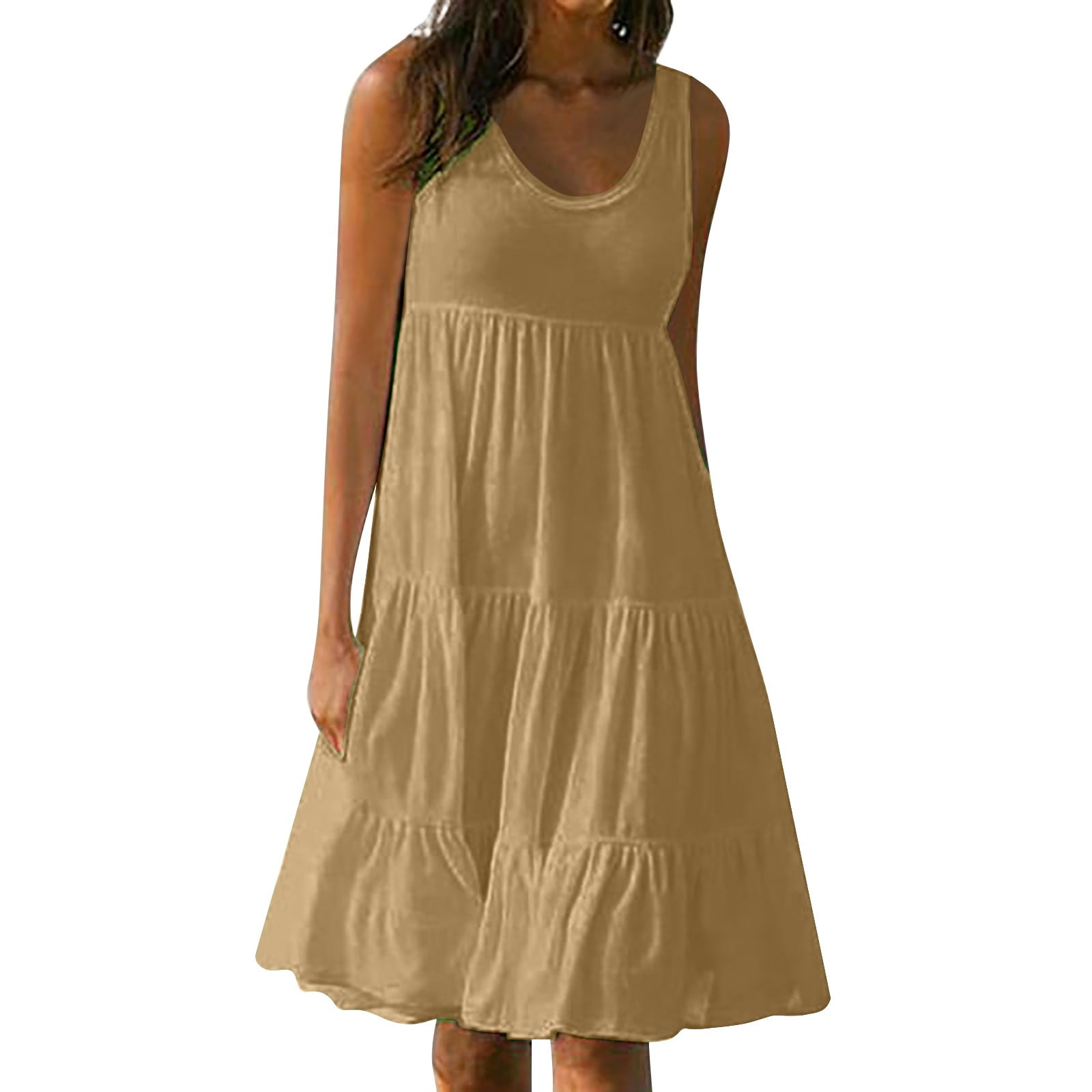 Manxivoo Casual Summer Dresses Women's Long High Waist Tied Solid Color Round Neck Dress Womens