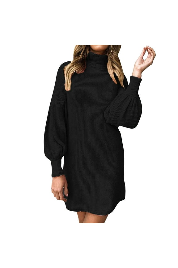 Casual Summer Dresses for Women Womens Turtleneck Sweater Long Sleeve Jumper Mini Dresses Womens Dresses Black