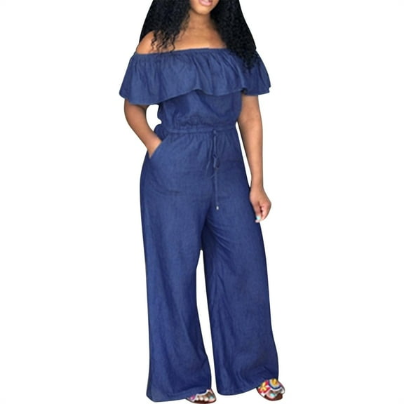 Manxivoo Denim Jumpsuit for Women Jumpsuits Off Shoulder Look Playsuits Club Long Party Jumpsuits for Women Navy