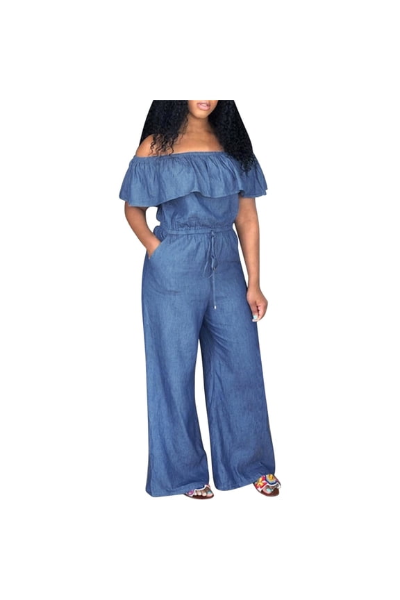 Denim Jumpsuit for Women Jumpsuits Off Shoulder Look Playsuits Club Long Party Jumpsuits for Women Sky Blue M