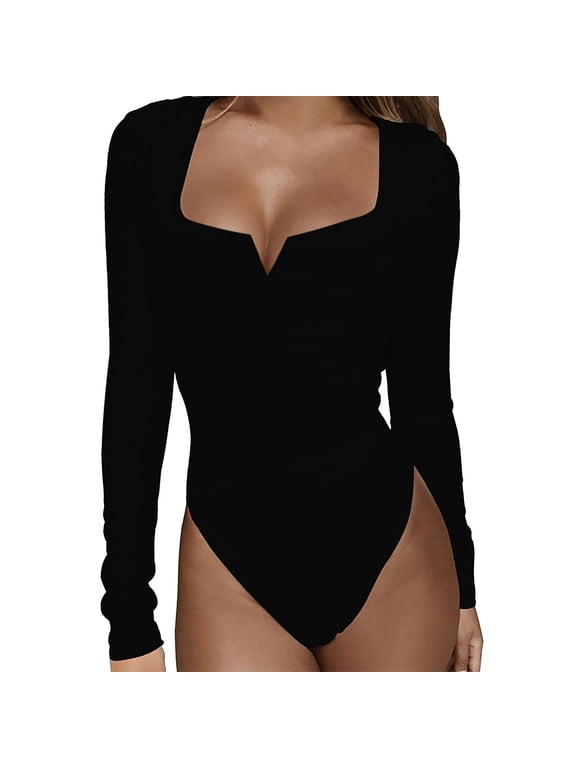 Fall Jumpsuits for Women Women's Low Cut Bodysuit Leotards Deep V Neck Long Sleeve Body Suits Tops Wide Leg Jumpsuits for Women Overall Jumpsuit for Women Black