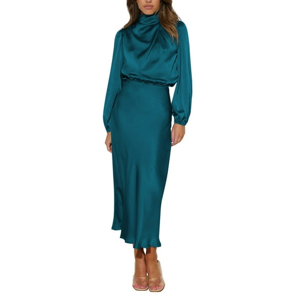 Manxivoo Homecoming Dresses Women's Solid Color High Neck Satin Long Sleeved Elegant Slim Fit Dress Fall Dresses for Women 2023 Blue