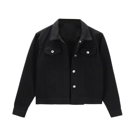 Manxivoo Jean Jacket Women Women's Basic Solid Color Button Down Denim Cotton Jacket with Pockets Crop Jacket Coat Womens Coats Black
