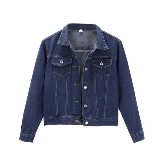 Manxivoo Jean Jacket Women Women's Basic Solid Color Button Down Denim Cotton Jacket with Pockets Crop Jacket Coat Womens Coats Dark Blue