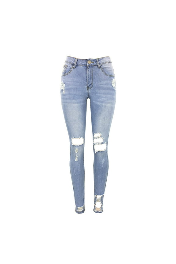 Jeans for Women Women's Spring and Summer Holes Tight Fitting Fashion Light Colored Jeans Women's Pants Blue XXL