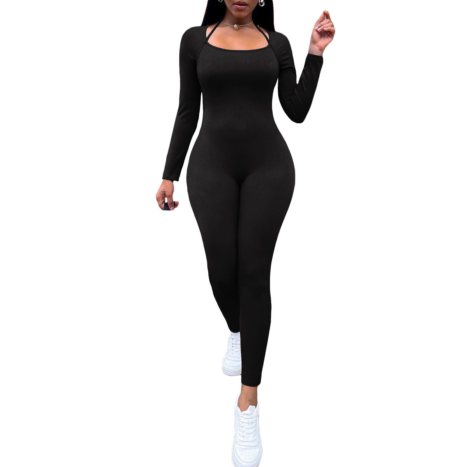 Manxivoo Jumpsuits for Women Women Fashion Yoga Hang a Neck Jumpsuits Workout Ribbed Long Sleeve