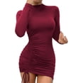 thumbnail image 1 of Manxivoo Long Sleeve Dress Women's Solid Color Slim Fit Half High Neck Dress Long Sleeved Round Neck Drawstring Dress Fairy Dress Wine XL, 1 of 3