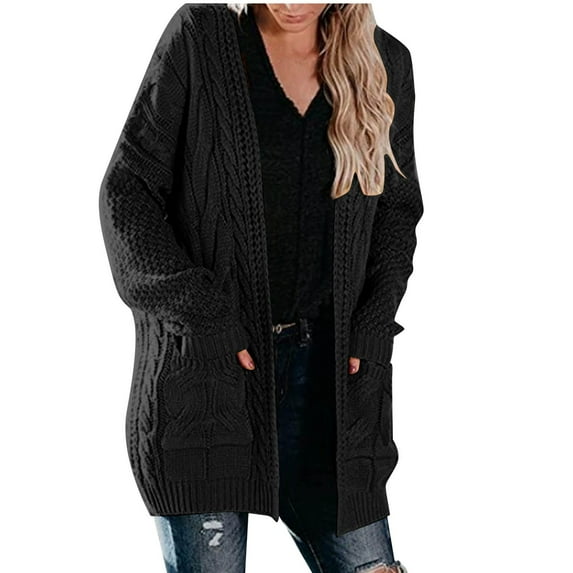 Manxivoo Long Winter Coats for Women, Women Casual Solid Twist Crochet Sweater Cardigan Loose Long Sleeve Pocket Long Coat Womens Winter Coats Black L