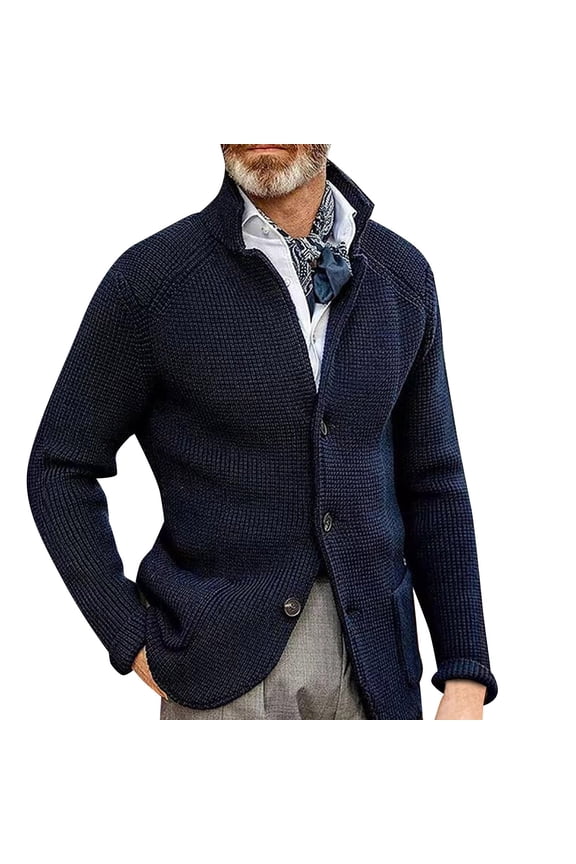 Mens Blazer Men's Stand Collar Wool Coat Thick Needle Thickened Suit Sweater Blazer Jacket Men Blue L