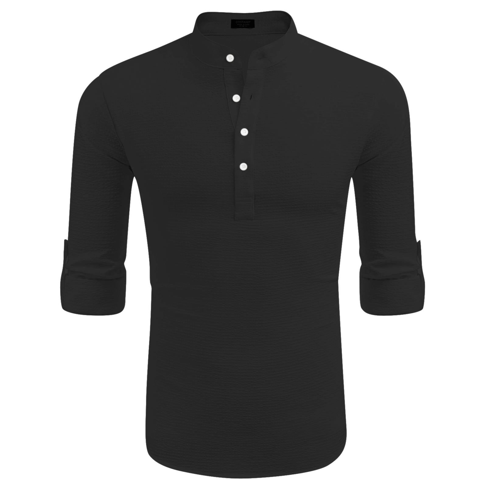 Men's Casual Linen-Look Striped Shirt - Band Collar, Long Sleeve, Button-Down With Pockets, Brown
