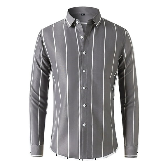 Manxivoo Mens Shirts Men's Fashion Spring and Summer Casual Long Sleeved Lapel Striped Shirt Blouse Mens Dress Shirts Grey L