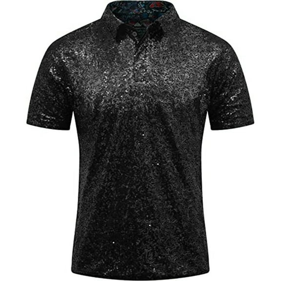 Manxivoo Mens Shirts Men's Relaxed Short Sleeve Turndown Sparkles Sequins Polos Shirts 70S Disco Nightclub Party T Shirts Mens Dress Shirts Black XXXL