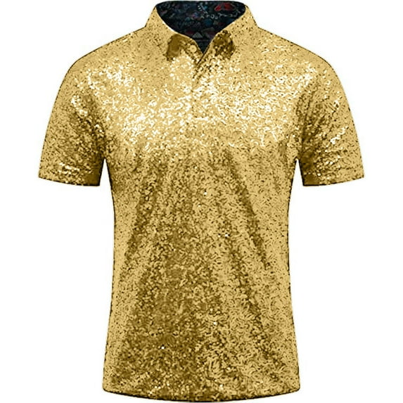 Manxivoo Mens Shirts Men's Relaxed Short Sleeve Turndown Sparkles Sequins Polos Shirts 70S Disco Nightclub Party T Shirts Mens Dress Shirts Gold XXL