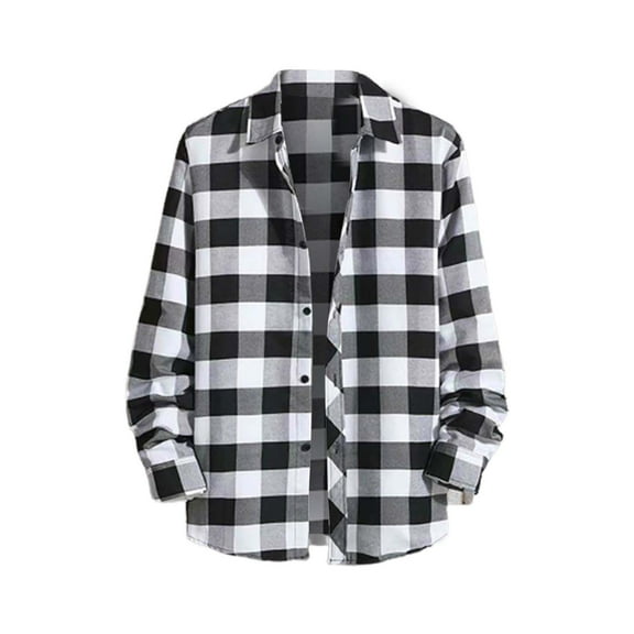 Manxivoo Mens Shirts Mens Casual Fall Shirt Lapel Button Long Sleeve Shirt Tops Men's Cardigan Plaid Shirt Men Black XXL
