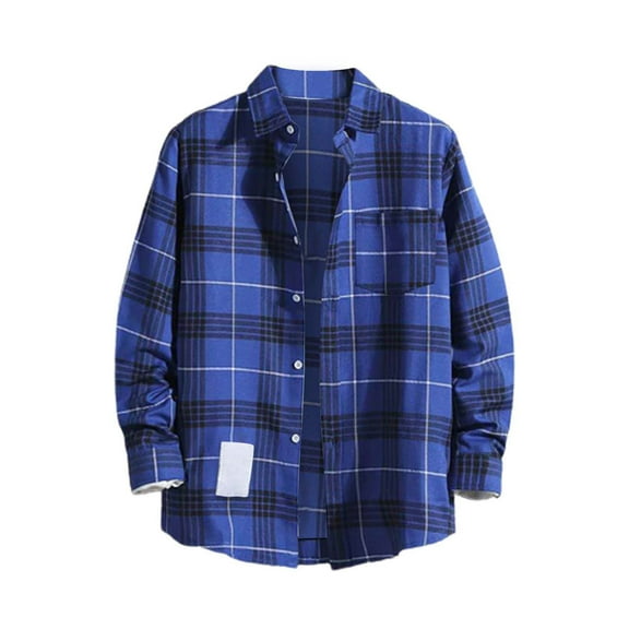 Manxivoo Mens Shirts Mens Casual Fall Shirt Lapel Button Long Sleeve Shirt Tops Men's Cardigan Plaid Shirt Men Blue L
